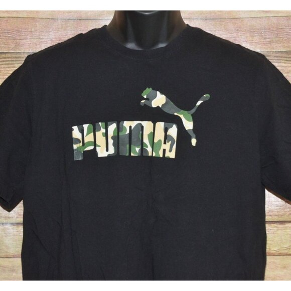 Puma Mens Black Crewneck T-Shirt With Camouflage Logo Size L Cotton Short Sleeve - Picture 2 of 8